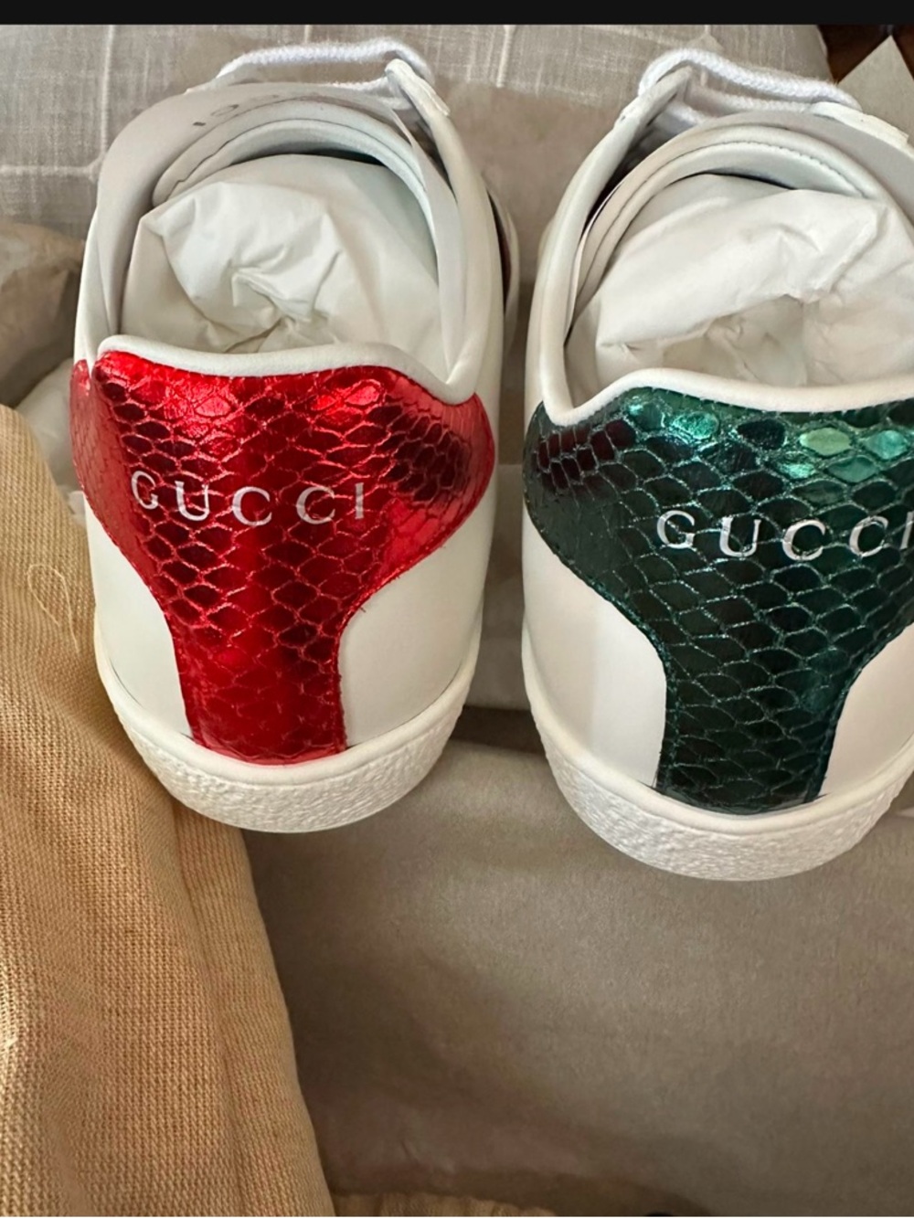 Gucci White Sneakers with Red & Green Metallic Snake-Texture Heels